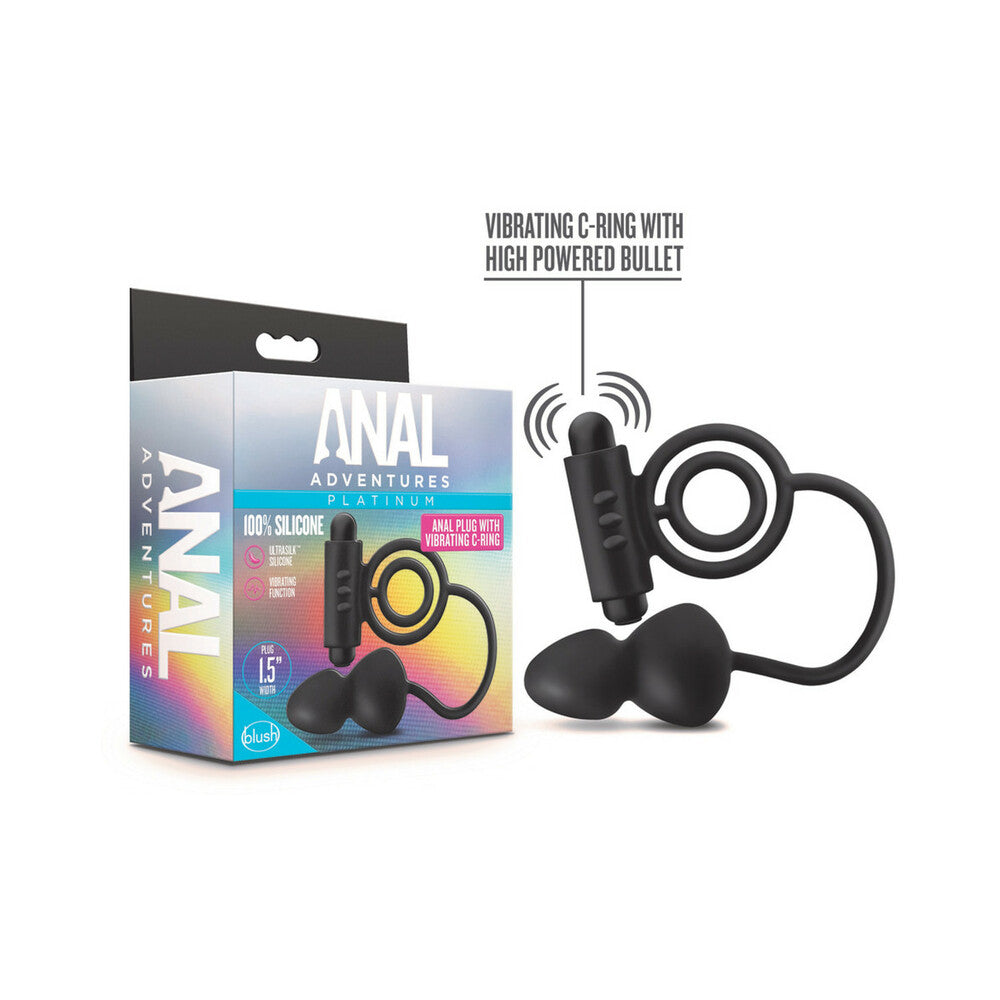 Anal Adventures Platinum Silicone Anal Plug with Vibrating C-Ring Black