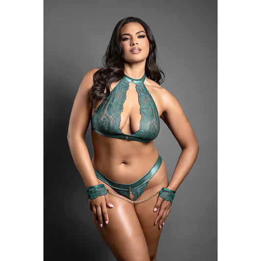 Fantasy Lingerie Domina Keyhole Bralette Set Pine Green Queen