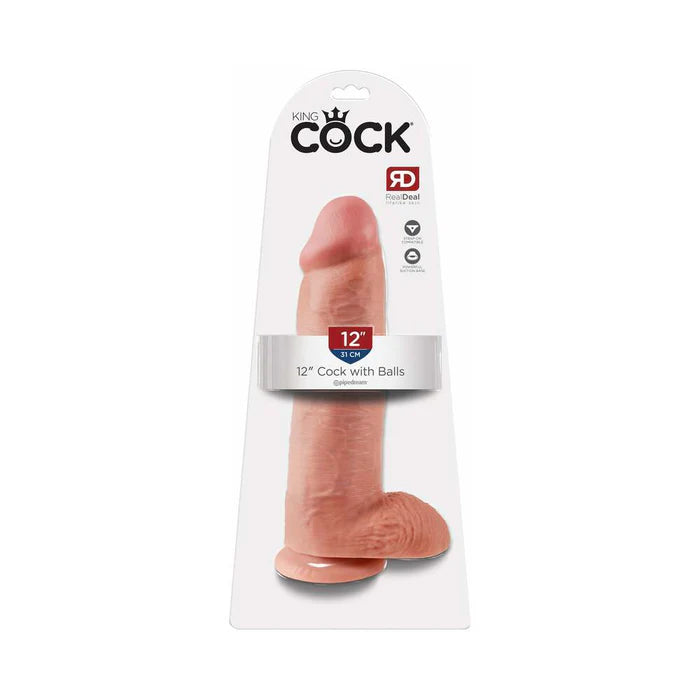 King Cock 12 in. Cock With Balls Realistic Suction Cup Dildo Beige