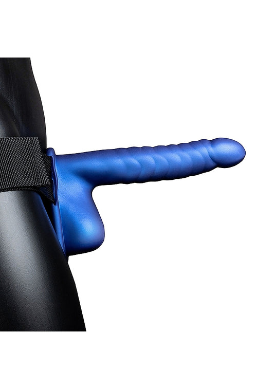 Ouch! Ribbed 8 in. Hollow Strap-On with Balls Metallic Blue