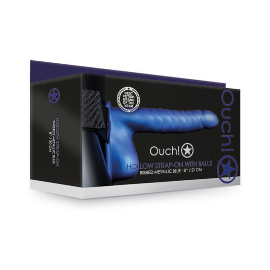 Ouch! Ribbed 8 in. Hollow Strap-On with Balls Metallic Blue
