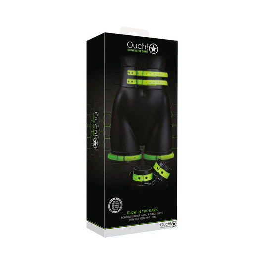 Ouch! Glow in the Dark 5-Piece Bonded Leather Thigh & Handcuffs With Belt Restraint Neon Green L/XL