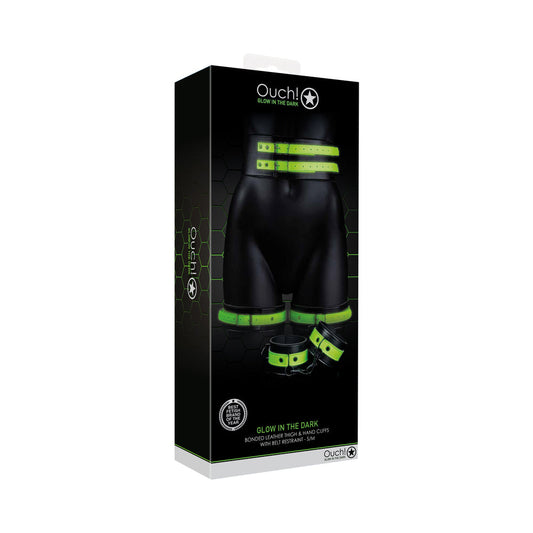 Ouch! Glow in the Dark 5-Piece Bonded Leather Thigh & Handcuffs With Belt Restraint Neon Green S/M