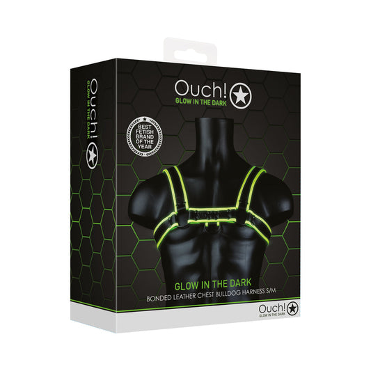 Ouch! Glow in the Dark Bonded Leather Chest Bulldog Harness Neon Green S/M