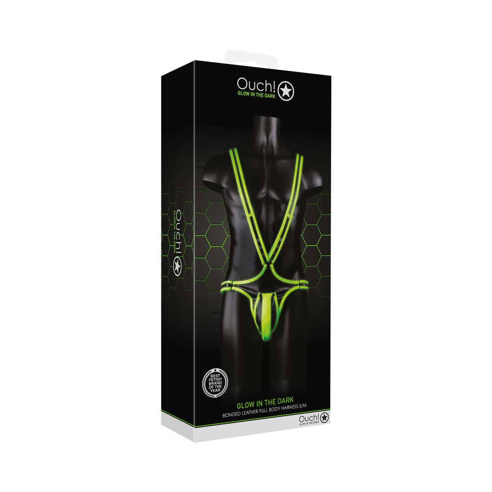 Ouch! Glow in the Dark Bonded Leather Full-Body Harness Neon Green S/M
