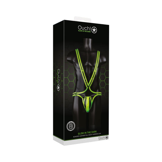 Ouch! Glow in the Dark Bonded Leather Full-Body Harness Neon Green S/M