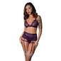 Magic Silk Leather & Lace Bralette, Garter Skirt & Thong Set Plum S/M