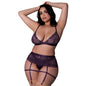 Magic Silk Leather & Lace Bralette, Garter Skirt & Thong Set Plum Queen Size