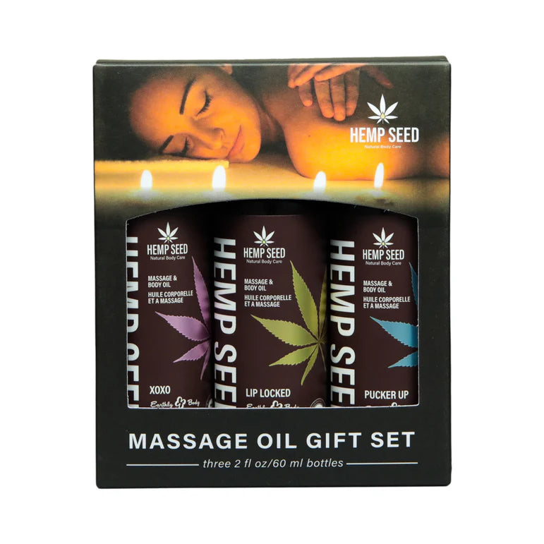 Earthly Body Hemp Seed Valentine Massage Oil Trio Gift Set: XOXO, Lip Locked, Pucker Up