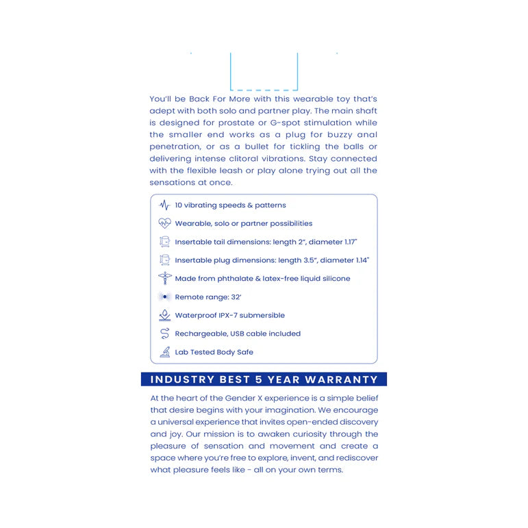 Gender X Back For More Wearable Vibrating Anal Toy Blue