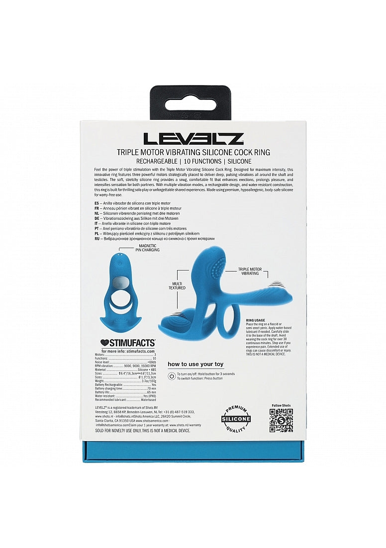 LEVELZ Triple Motor Vibrating Silicone Cock Ring Teal