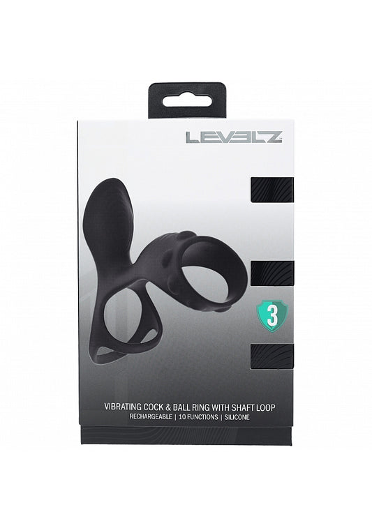 LEVELZ Vibrating Silicone Cock & Ball Ring with Shaft Loop Black