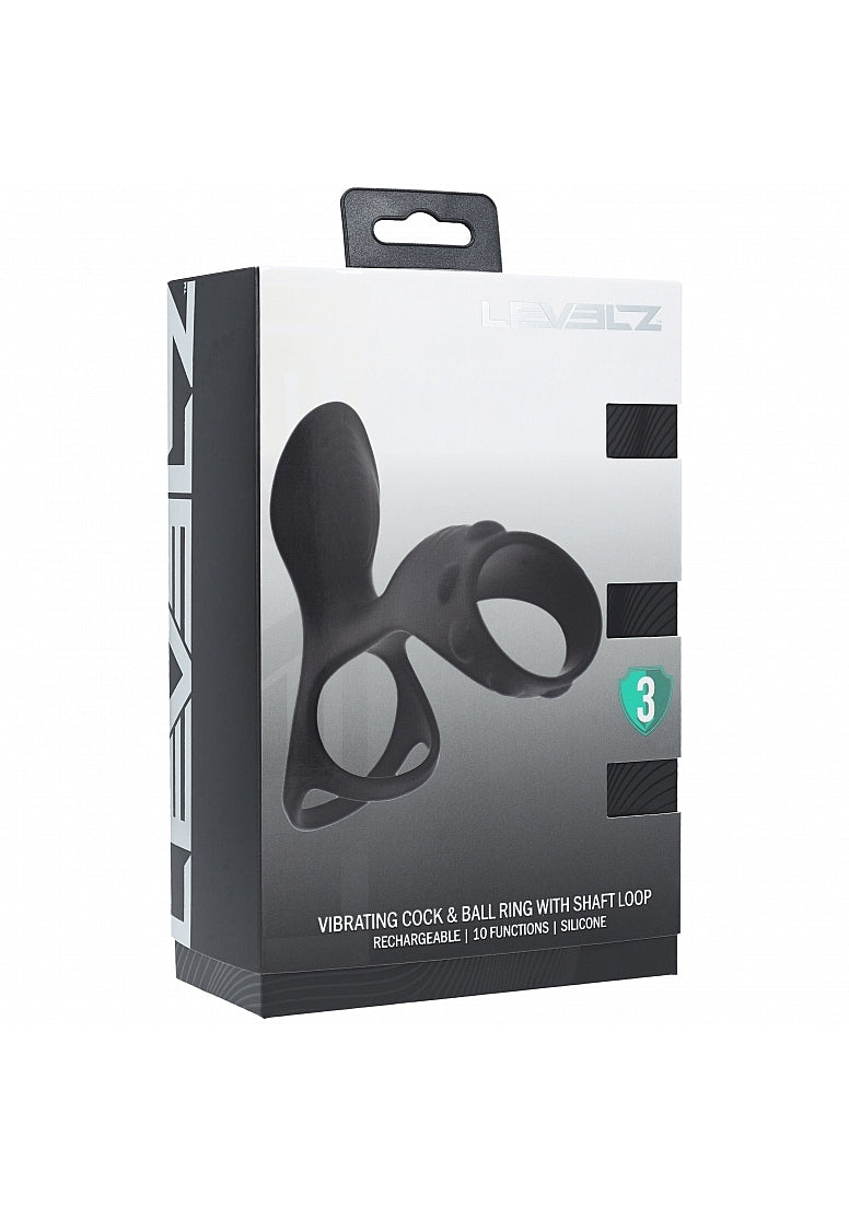LEVELZ Vibrating Silicone Cock & Ball Ring with Shaft Loop Black