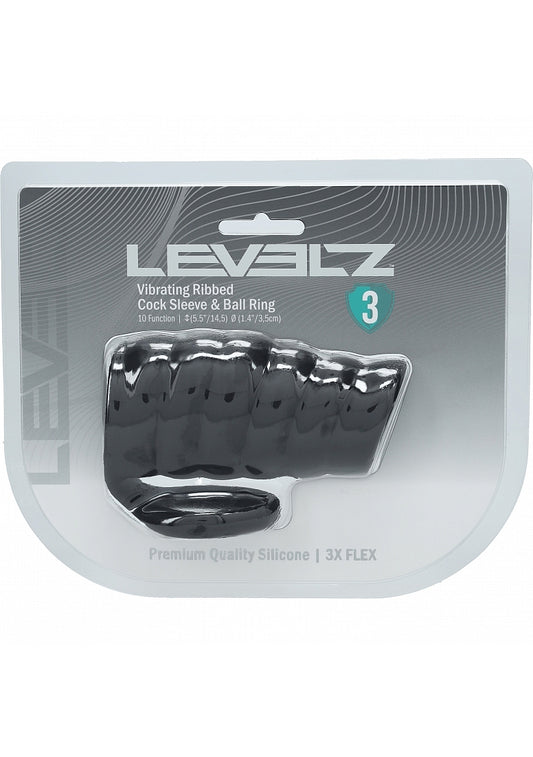 LEVELZ Vibrating Ribbed Silicone Cock Sleeve & Ball Ring Black