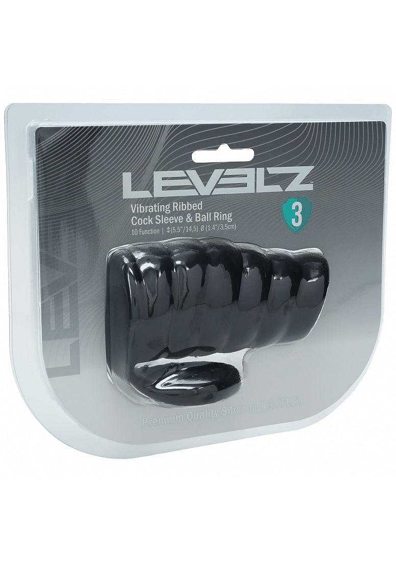 LEVELZ Vibrating Ribbed Silicone Cock Sleeve & Ball Ring Black