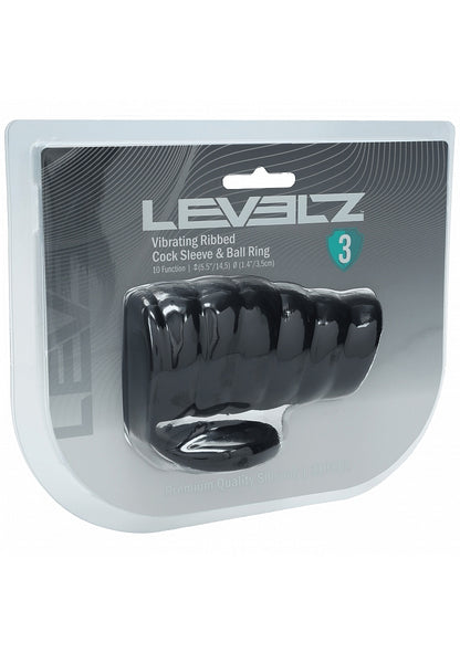 LEVELZ Vibrating Ribbed Silicone Cock Sleeve & Ball Ring Black