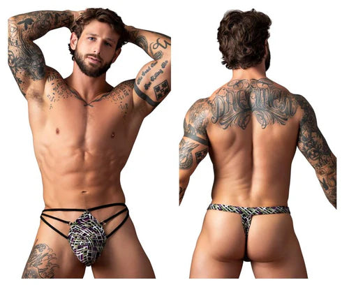 Male Power Gridlock'd Strap Print Thong S/M