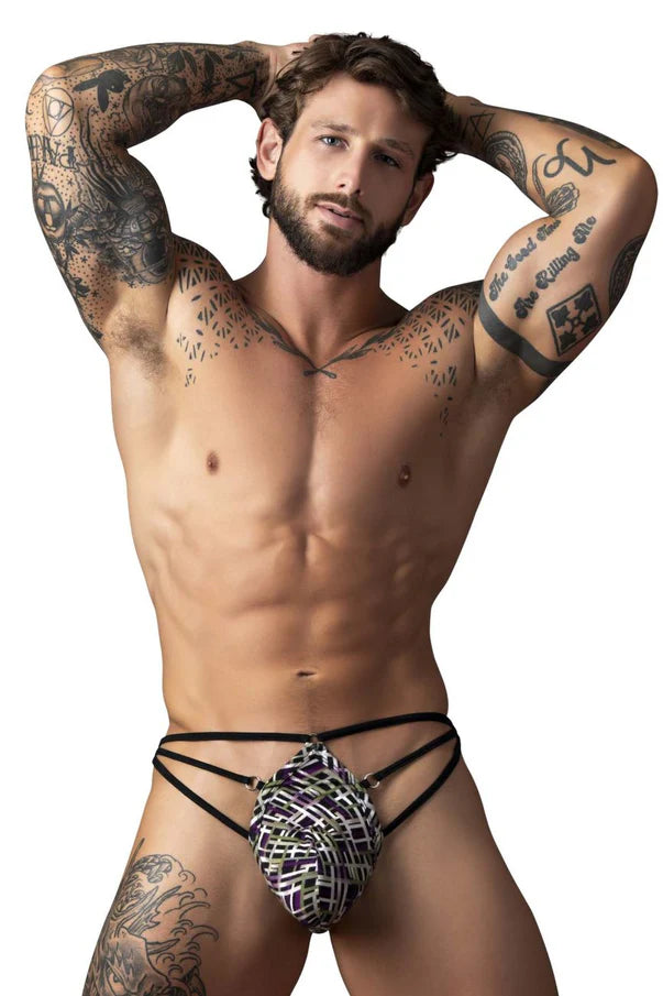 Male Power Gridlock'd Strap Print Thong S/M
