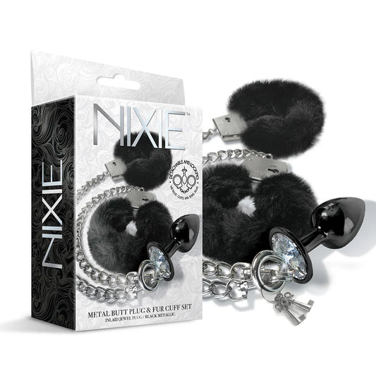 NIXIE Metal Butt Plug & Furry Handcuff Set Medium Black