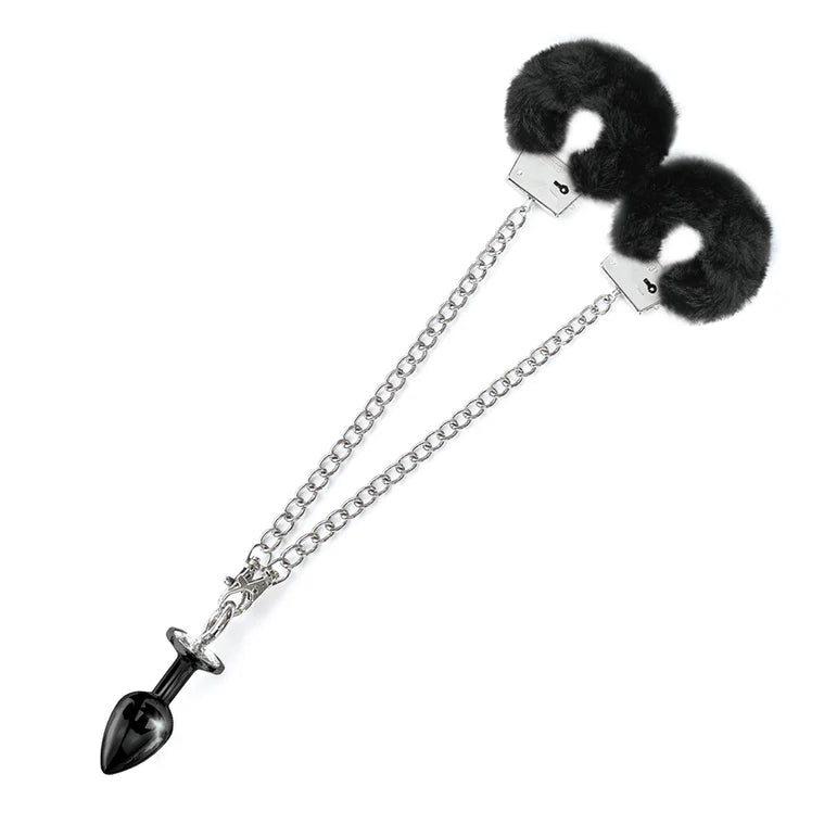 NIXIE Metal Butt Plug & Furry Handcuff Set Medium Black
