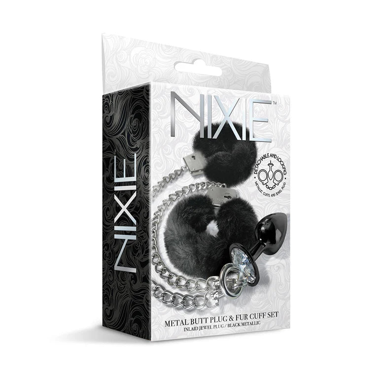 NIXIE Metal Butt Plug & Furry Handcuff Set Medium Black