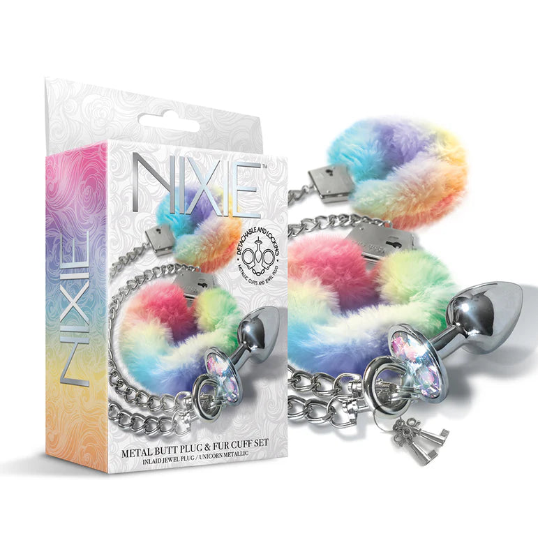 NIXIE Metal Butt Plug & Furry Handcuff Set Medium Unicorn
