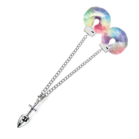 NIXIE Metal Butt Plug & Furry Handcuff Set Medium Unicorn