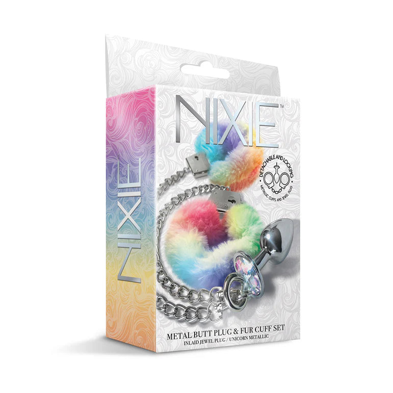 NIXIE Metal Butt Plug & Furry Handcuff Set Medium Unicorn