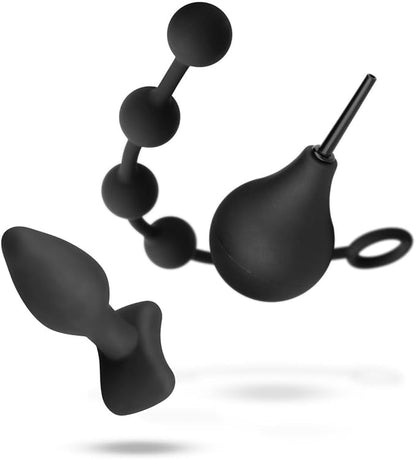 Nexus Anal Beginner Kit with Douche, Silicone Beads, Small Silicone Butt Plug Black