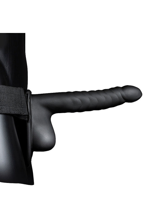 Ouch! Ribbed 8 in. Hollow Strap-On with Balls Black