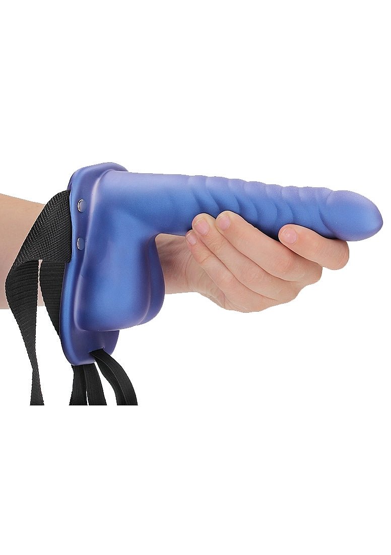 Ouch! Ribbed 8 in. Hollow Strap-On with Balls Metallic Blue