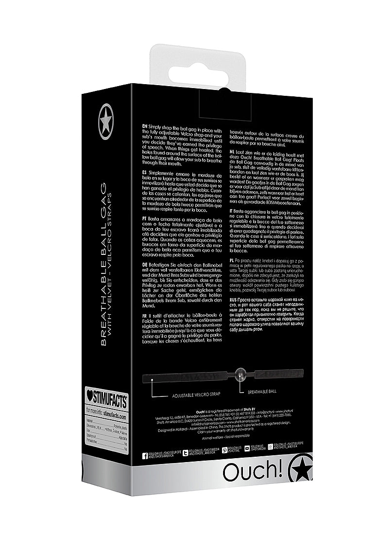 Ouch! Velvet Adjustable Breathable Ball Gag With Velcro Straps Black