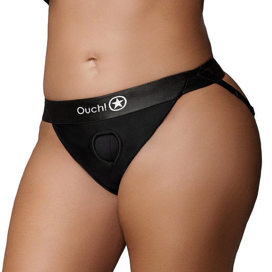 Ouch! Vibrating Strap-on Panty Harness with Open Back Black XL/2XL