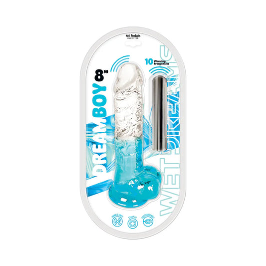 Wet Dreams Dream Boy 8 in. Jelly Dildo with Rechargeable Multi-Speed Bullet Clear/Aqua Gradient