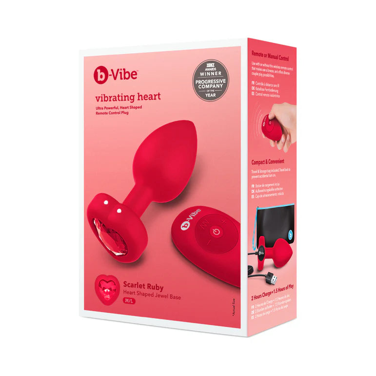 b-Vibe Vibrating Heart Anal Plug with Heart-Shaped Jewel Base Medium/Large Red