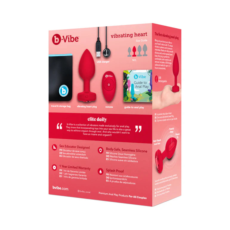 b-Vibe Vibrating Heart Anal Plug with Heart-Shaped Jewel Base Medium/Large Red